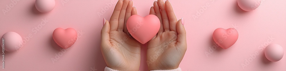 Hands gently holding a pink heart surrounded by smaller hearts Hands gently holding a pink heart surrounded by smaller hearts