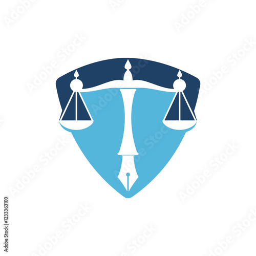 Law logo vector with judicial balance symbolic of justice scale in a pen nib. Logo vector for law, court, justice services and firms.