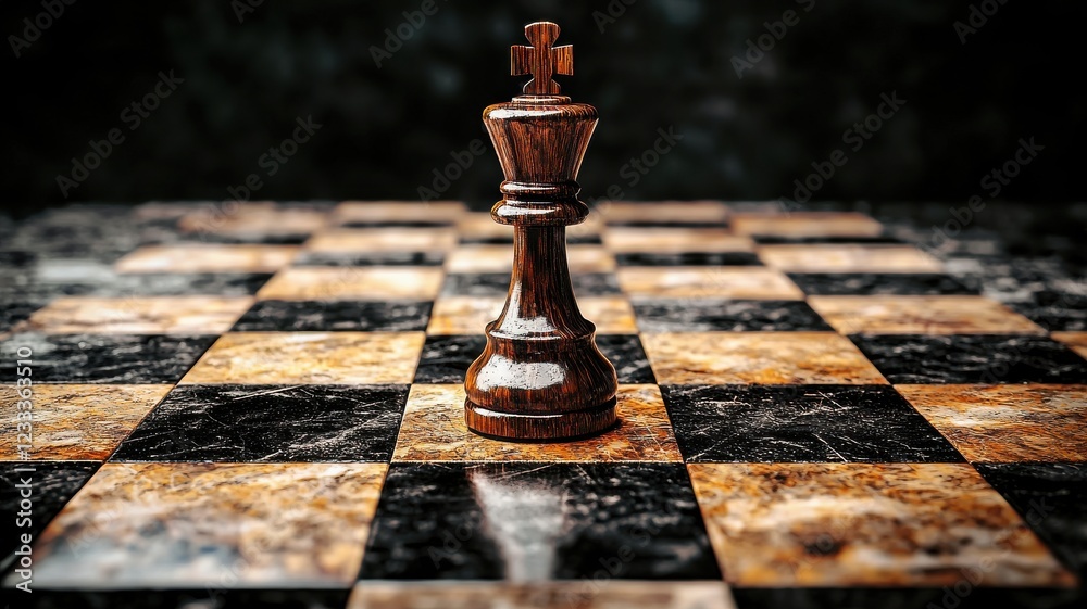Close-up of a wooden chess king on a textured chessboard. Close-up of a wooden chess king on a textured chessboard.