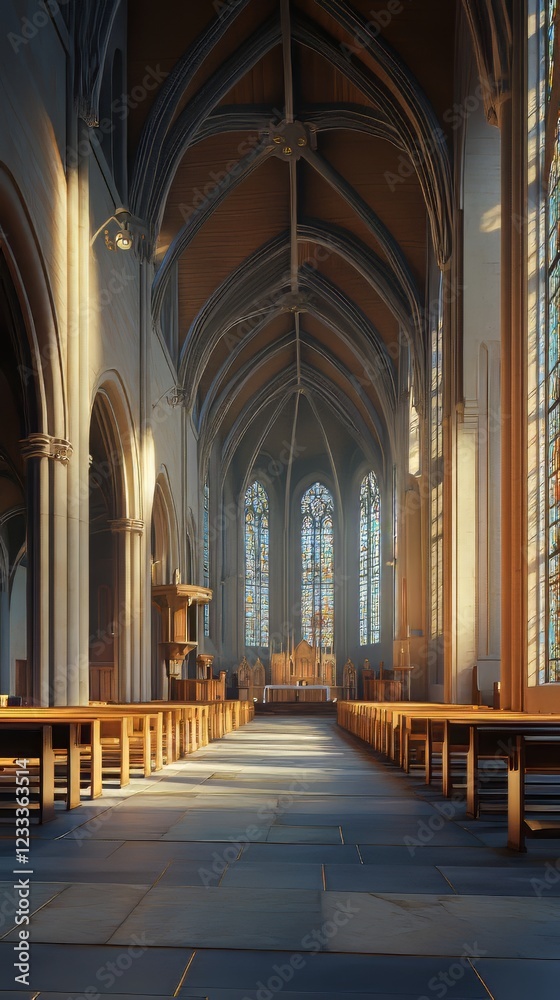 Fototapeta premium Sunlit church aisle, serene and calm.
