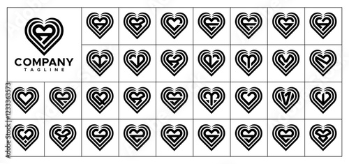 Line love heart initial letter A-Z logo set