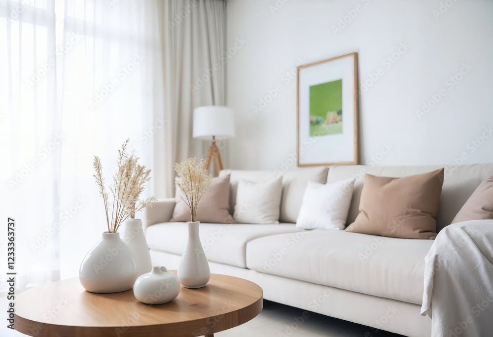 Obraz premium Modern Minimalist Living Room with Neutral Tones and Elegant Decor