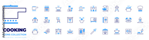 Cooking icon collection. Bold line style. Duotone colors. stew, cooking, cooking pot, hot pot, cutting board, pot on fire, cook, pot, recipe book, pan, oven, asparagus, bbq grill