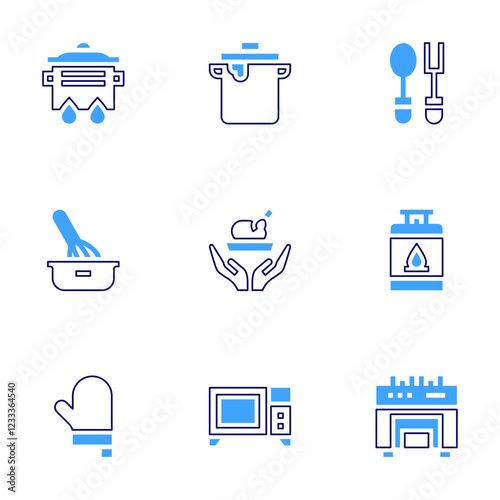 Cooking icon set. Bold line style. Duotone colors. Editable stroke. cook, cooking pot, cooking, spoon, microwave oven, gas, baking, kitchen
