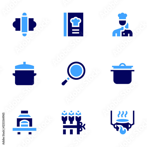 Cooking icon set. Bold style. Duotone colors. barbecue, rolling pin, pot, cook, non stick, cooking, recipe book, asparagus, robots