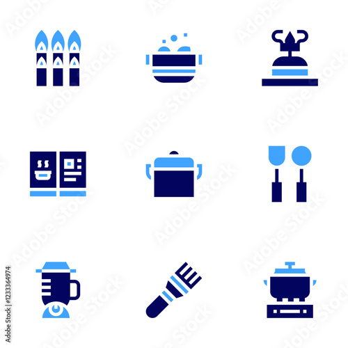 Cooking icon set. Bold style. Duotone colors. asparagus, recipe, mixer blender, kitchenware, brush, pot, cooking, cooking gas