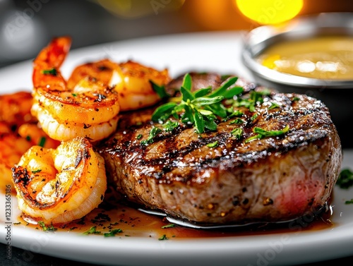 Delicious grilled steak and shrimp dinner with sauce on plate.