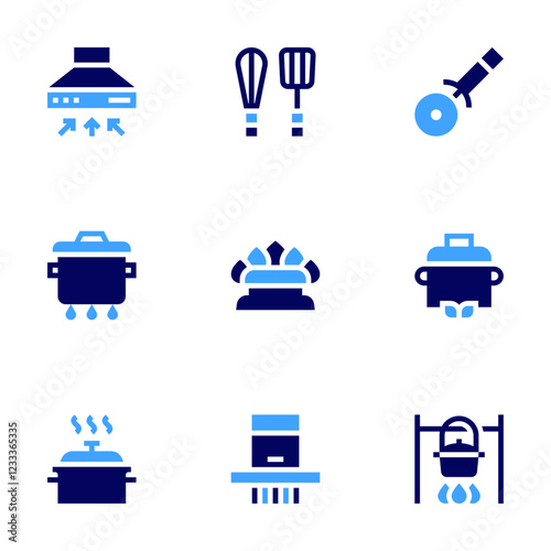 Cooking icon set. Bold style. Duotone colors. kitchen hood, cooking pot, cook, cooking tools, natural gas, smoke extraction, pizza cutter, pot