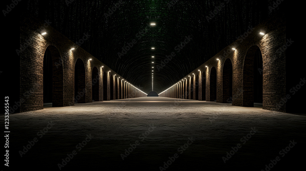 Fototapeta premium Illuminated stone archway tunnel, night, symmetry, background darkness, architectural design