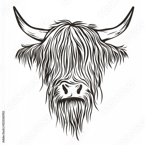 Minimalist Black and White Highland Cow Head Drawing - 4K Ultra HD Stock Photo