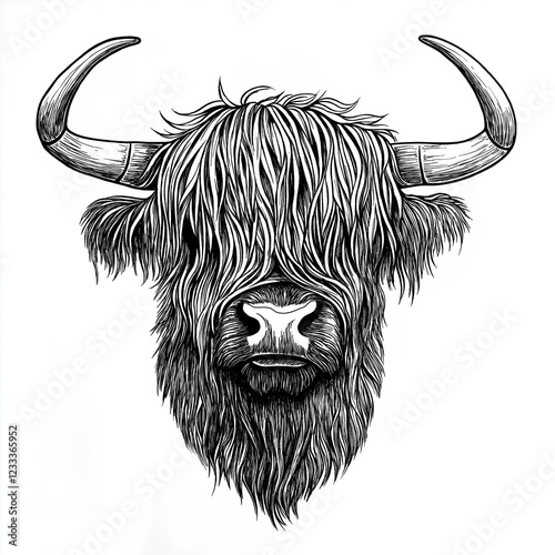 Highland Cow Head Illustration - Black and White Line Art - 4K Ultra HD Stock Photo