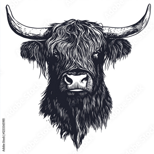 Hand-Drawn Highland Cow with Detailed Fur Texture - 4K Ultra HD Stock Photo