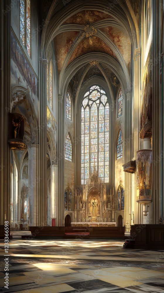 Fototapeta premium Sunlit Gothic cathedral interior