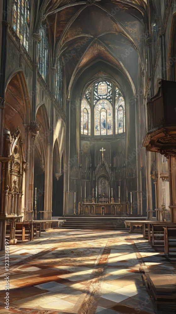 Fototapeta premium Sunlit church interior, peaceful scene