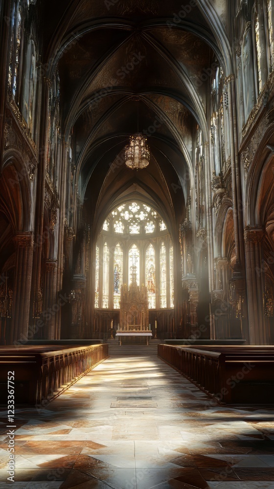 Obraz premium Sunlight streams through church's stained glass.