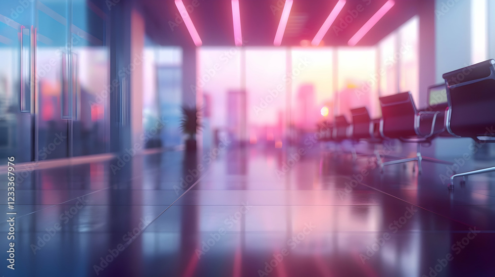 custom made wallpaper toronto digitalModern office interior with sleek design, illuminated by colorful lights and city skyline view.