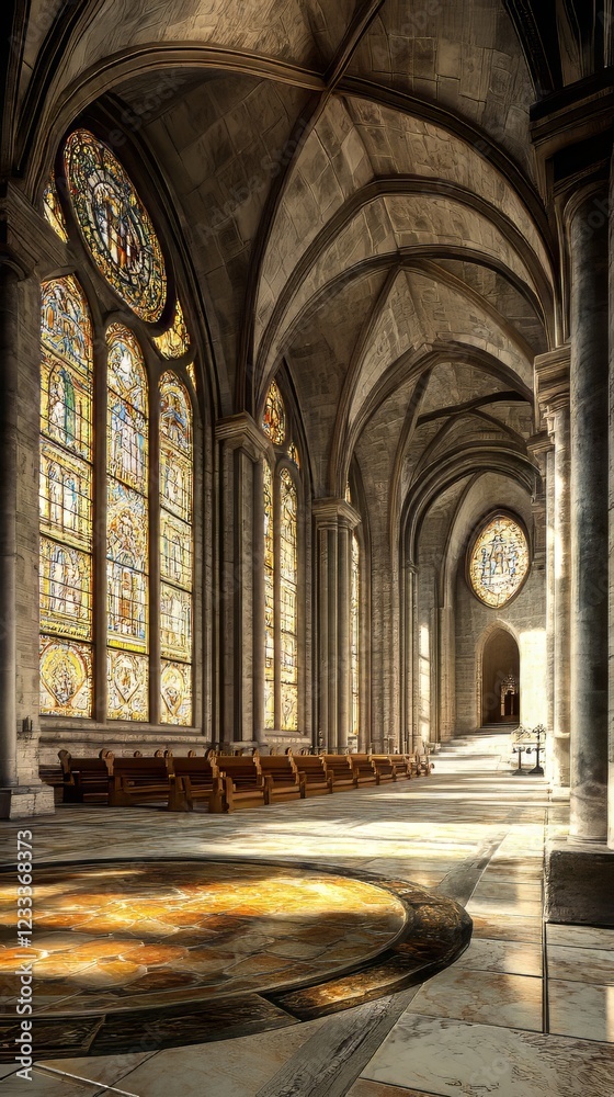 Obraz premium Sunlit Gothic cathedral aisle