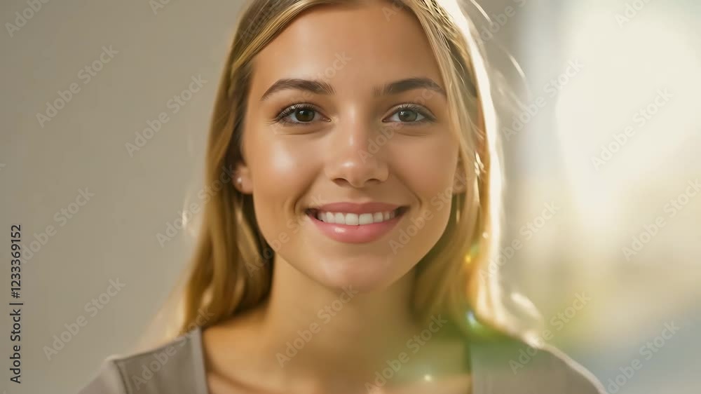 Cinematic Close-Up of a Smiling Blonde Woman with Radiant Expression