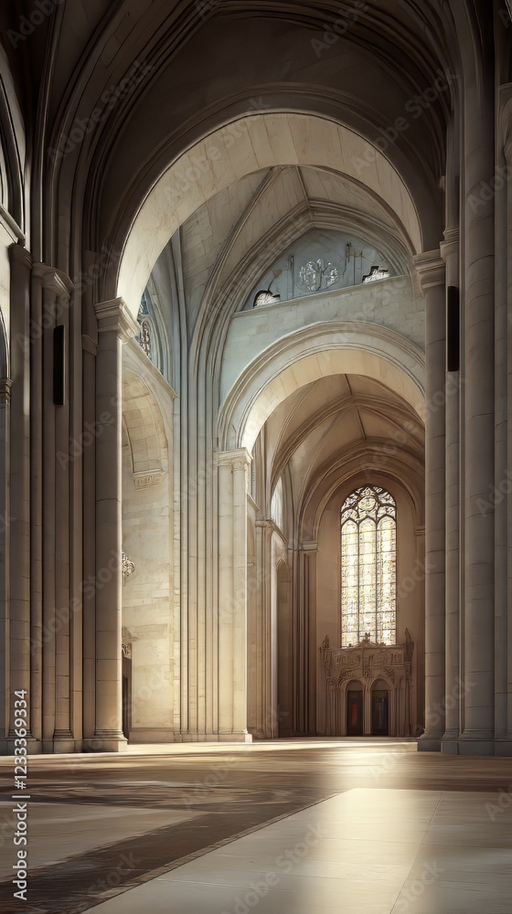 Obraz premium Sunlit cathedral nave interior