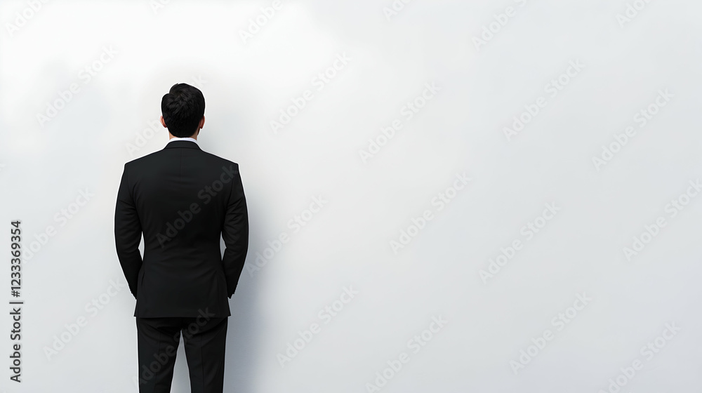 Fototapeta premium Businessman, back view, white wall, future planning