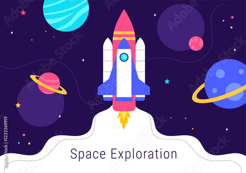 Space Exploration Vector Illustration featuring an Astronaut Floating in Outer Space Among Planets and a Rocket Embarking on a Galaxy Adventure
