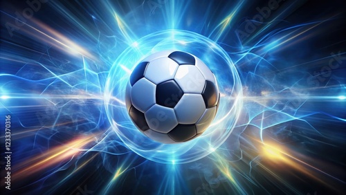 Abstract background with energy field surrounding a soccer ball in motion