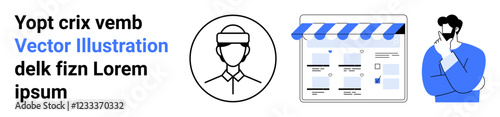 Three icons person avatar, online storefront, and person thinking. Ideal for ecommerce, branding, digital marketing, user engagement, strategy planning content creation and web design. Landing page