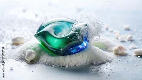 A close-up of a dissolving detergent pod on a white surface as it disintegrates and releases tiny soap particles , fragments, powder photo