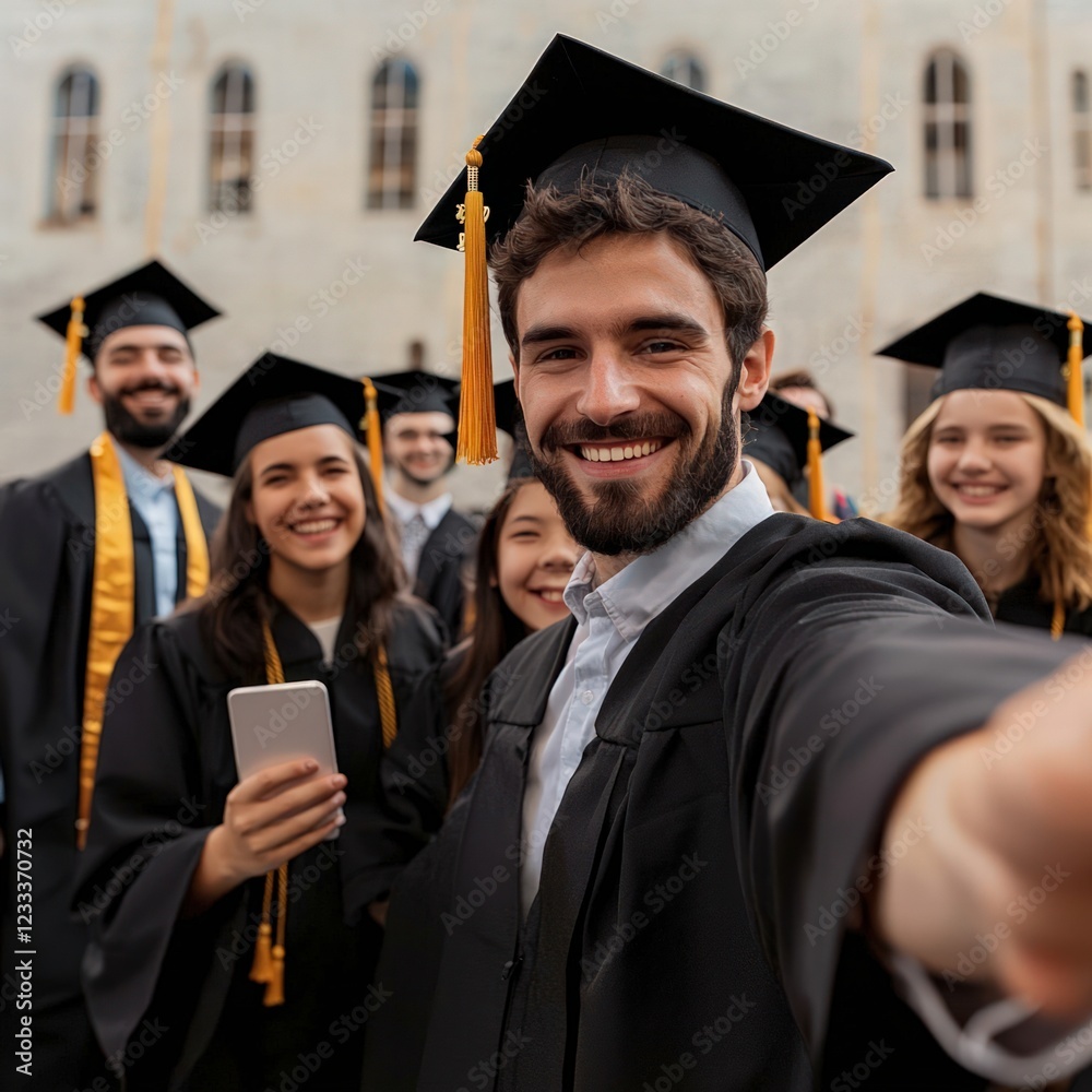 Group of Graduates Celebrating with Selfie in Academic Cap and Gown Outdoors Group of Graduates Celebrating with Selfie in Academic Cap and Gown Outdoors