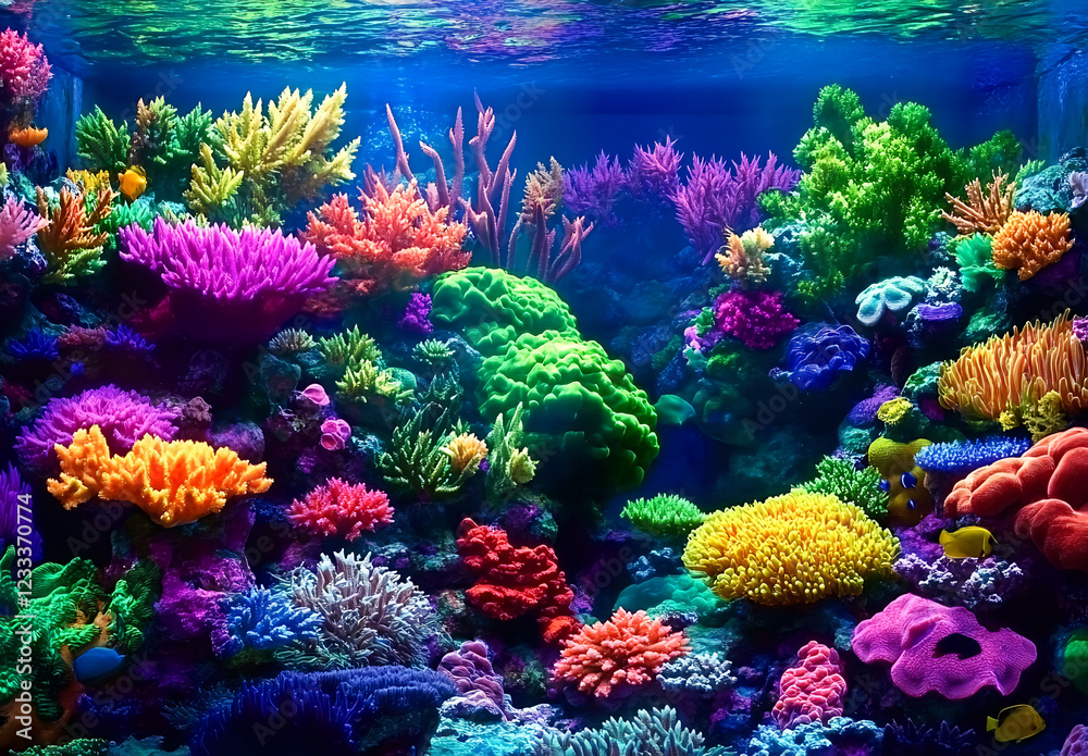 Naklejka premium A vibrant coral reef teeming with colorful fish and marine life, showcasing the beauty of the underwater world. 