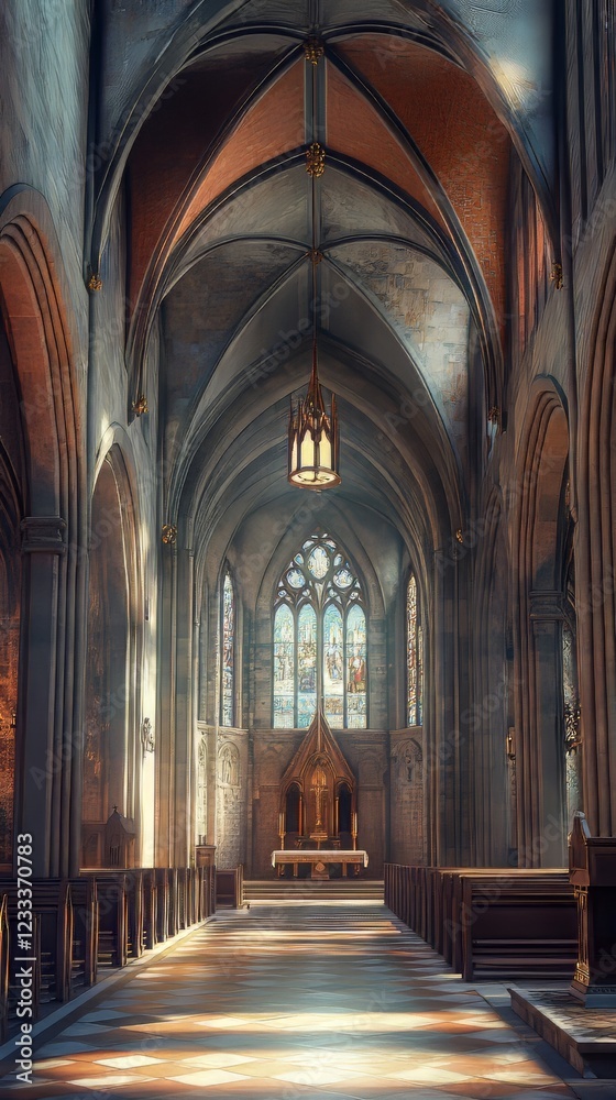 Fototapeta premium Sunlit church aisle and altar.