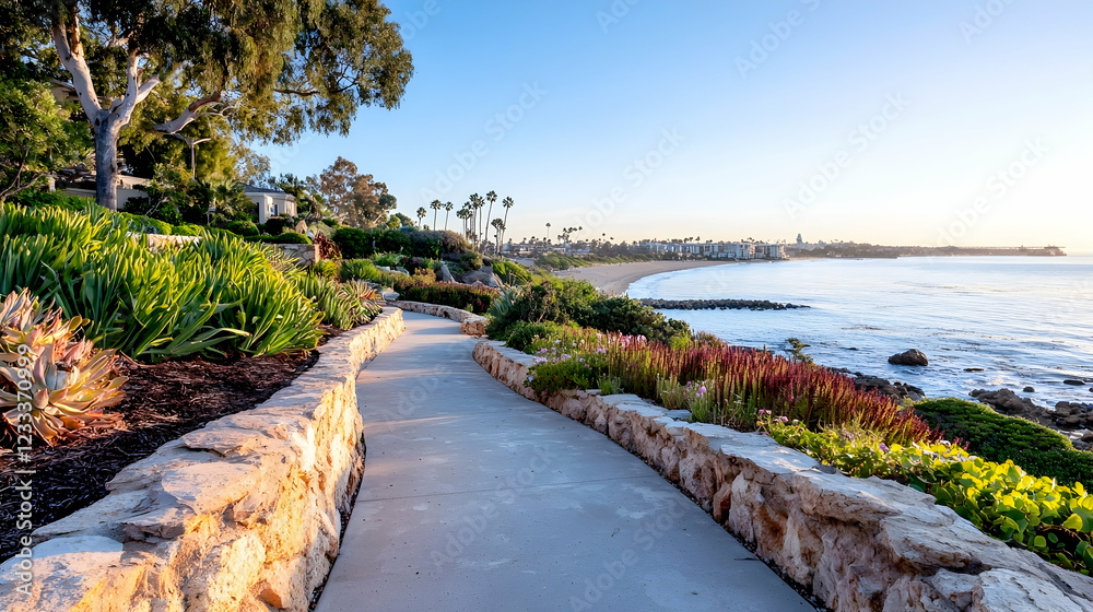 Fototapeta premium Coastal sunrise path, ocean view, tranquil beach, landscaping