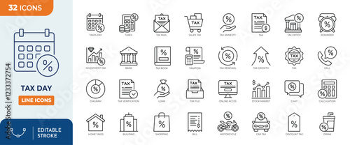 Tax Day line editable icon set. Tax day icon set. Vector illustration