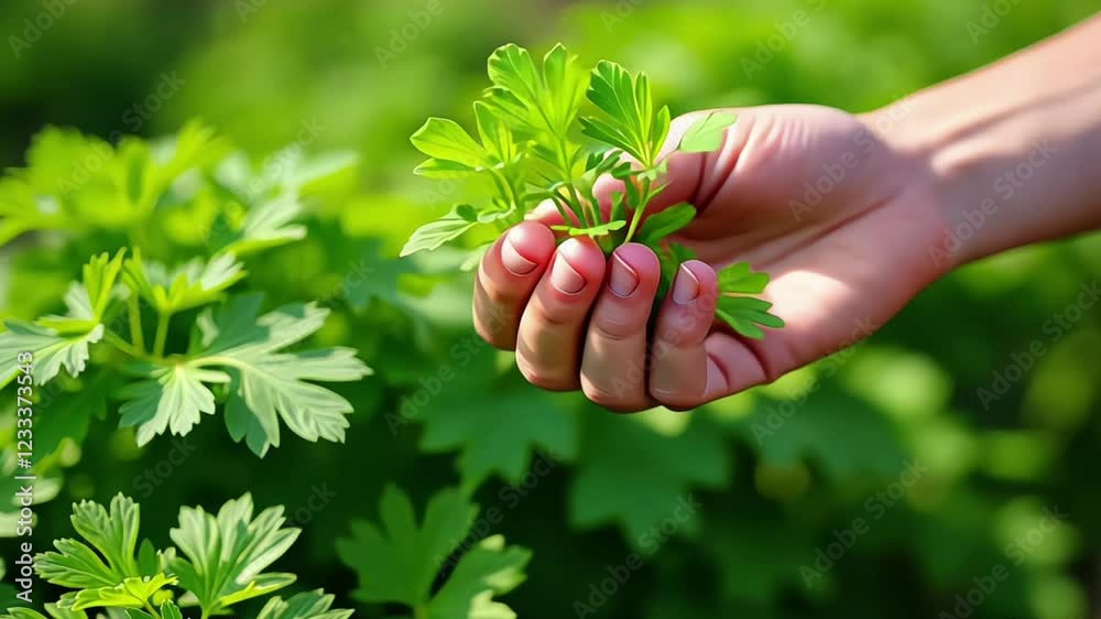 People picking herbs or veggies from a garden. Fresh vegetables. Organic produce harvested from the garden