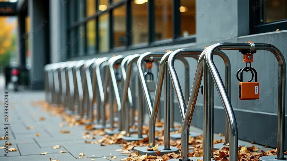 A bike rack is installed on the sidewalk in front of a store for customers to park and lock their bicycles while shopping A bike rack is installed on the sidewalk in front of a store for customers to park and lock their bicycles while shopping