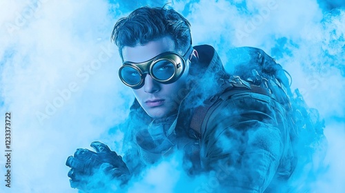 Cyberpunk Soldier in Blue Smoke: A Futuristic Combat Scene photo