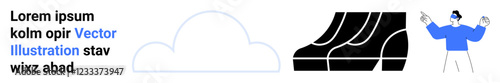 Cloud design, bold black abstract staircase, and gesturing person in blue emphasizing ideas and progress. Ideal for technology, innovation, teamwork, creativity, communication, startups
