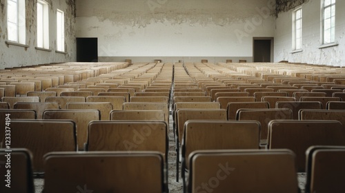 Abandoned lecture hall with empty wooden seats, peeling walls, and sunlight filtering through windows