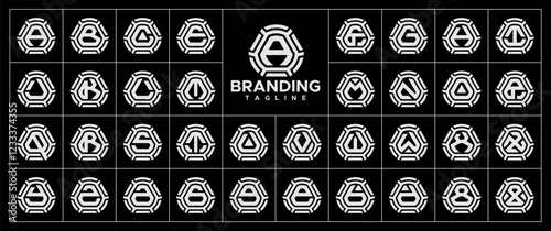 Technology line round triangle letter A-Z logo set