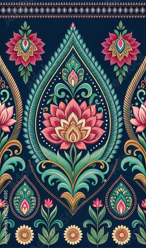 Colorful Floral Paisley Embroidery in Ikat Patterns on a Dark Background. Generative AI