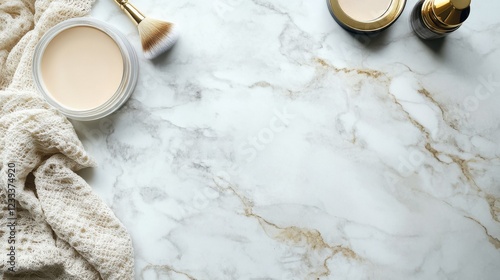 Flat Lay of Professional Cosmetics on Marble Surface