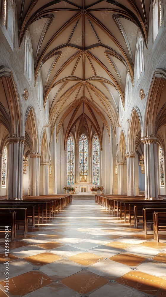Fototapeta premium Sunlit church interior, peaceful scene.