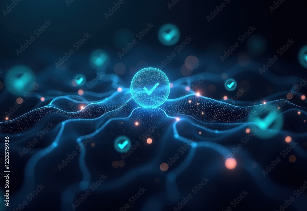 Abstract digital landscape with glowing checkmarks, representing data security, quality assurance, or successful verification. Abstract digital landscape with glowing checkmarks, representing data security, quality assurance, or successful verification.