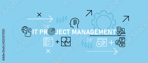 IT Project Management conceptual work technology analysis planning strategy business progress internet connection managing event design icon outline set collection