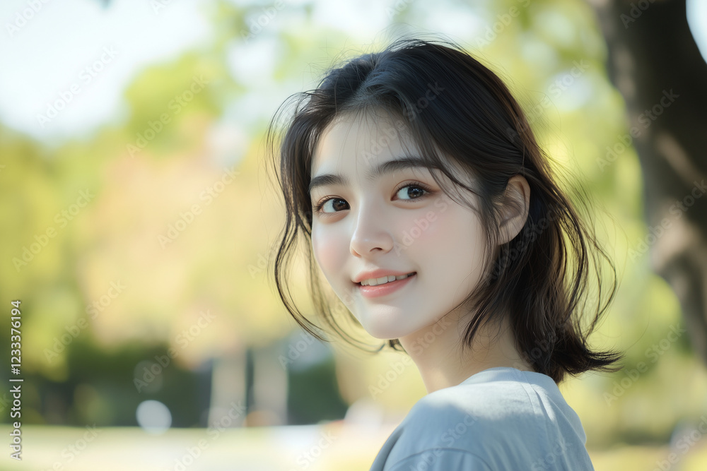 天気の良い公園で微笑む可愛いアジア人の女性