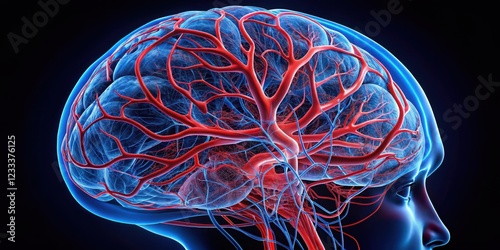 Intricately detailed image of the brain's vascular system highlighting the pulsatile blood flow through the cerebral arteries and veins , cerebral blood flow , anatomy photo