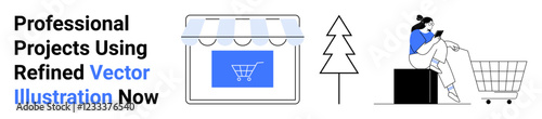 Digital storefront with awning, tree, shopping cart, and a seated woman on mobile phone. Ideal for e-commerce, digital retail, convenience, technology, online purchasing marketing flat landing page