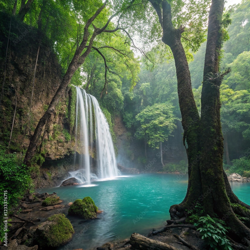 Fototapeta premium Beautiful deep forest waterfall, blue water.