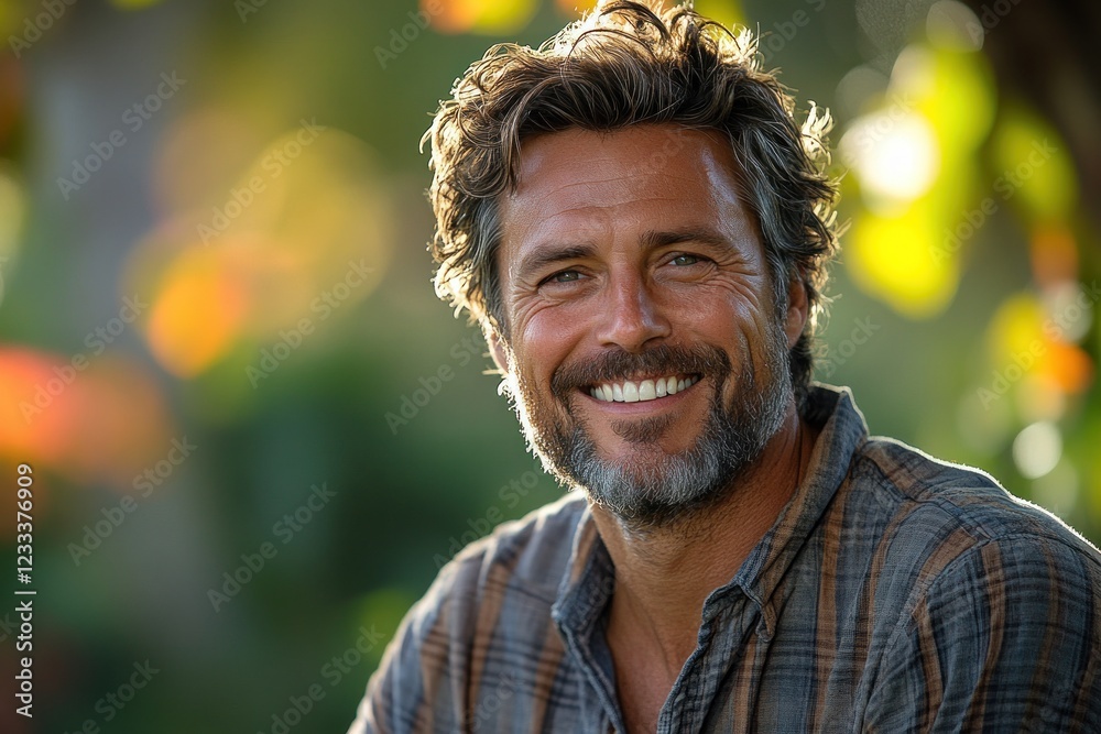 Smiling man in plaid shirt surrounded by vibrant nature Smiling man in plaid shirt surrounded by vibrant nature