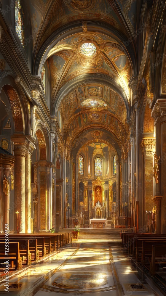 Fototapeta premium Sunlit grandeur of a cathedral nave